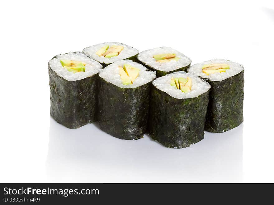 Avocado maki on white ground