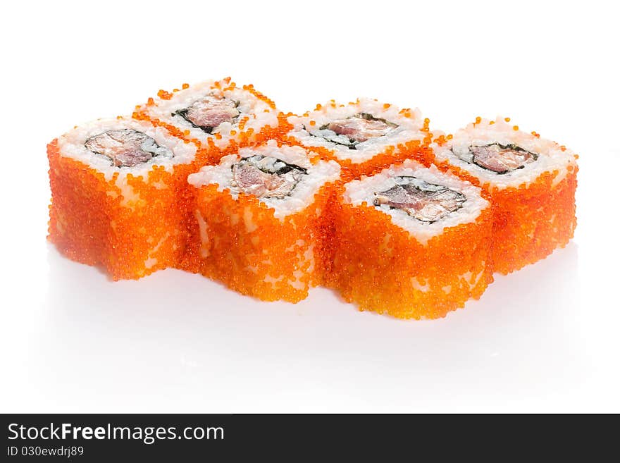 Salmon sushi maki with caviar on white ground. Salmon sushi maki with caviar on white ground