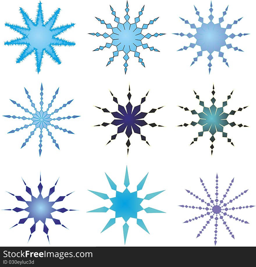 Nine beautiful abstract snowflakes in blue and dark blue tones