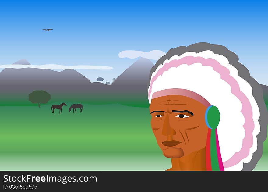 Indian on the background of the North American prairies is shown in the picture. Indian on the background of the North American prairies is shown in the picture