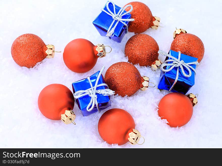 New Year's decorations in the background of snow. New Year's decorations in the background of snow