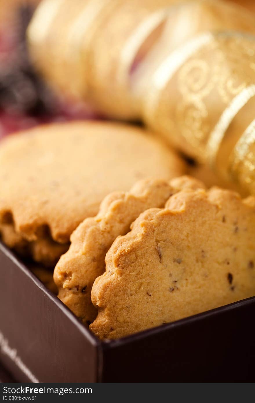 Butter cookies for christmas in a gift box; selective focus