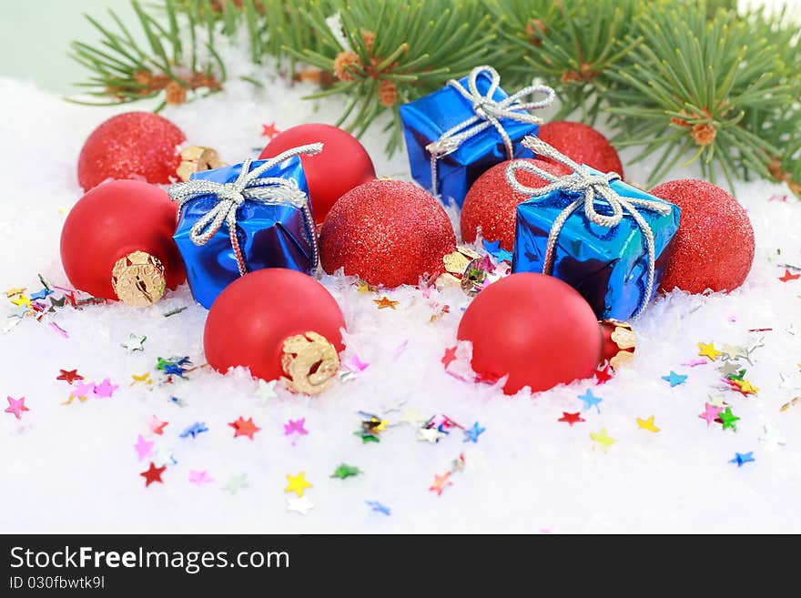 New Year's decorations in the background of snow. New Year's decorations in the background of snow