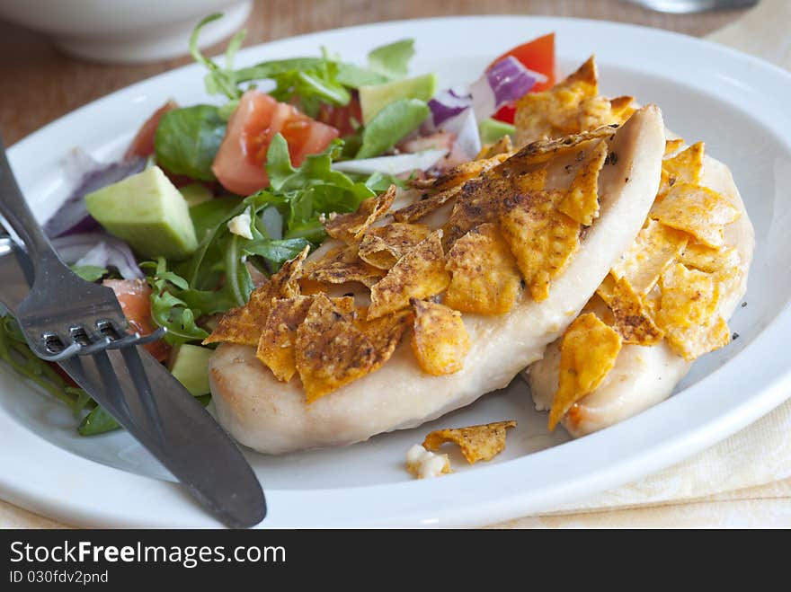 Spice-crunch chicken breast with side salad. Spice-crunch chicken breast with side salad