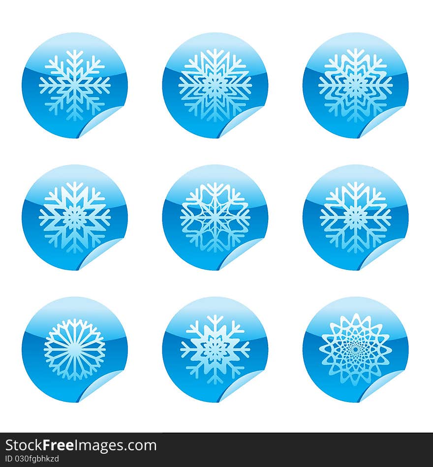 Snowflakes set of circle glossy stickers with corner.