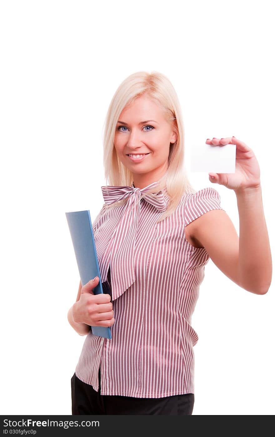 Woman showing and handing a blank business card. Woman showing and handing a blank business card.