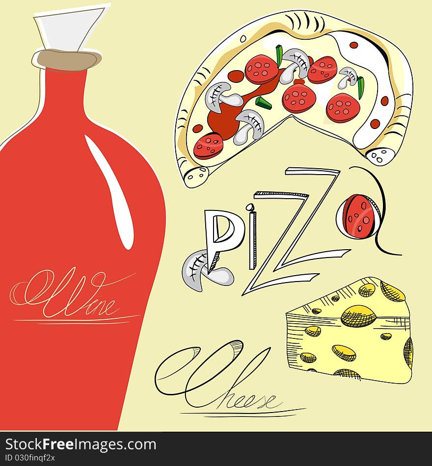 Pizza, cheese and wine