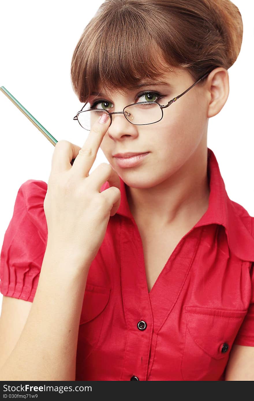 Young woman repairs glasses/the secretary