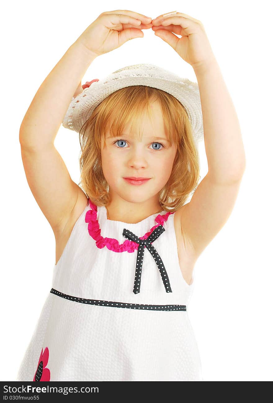 Cute little girl in hat and nice dress dancing with hands, isolated on the white background portrait, studio shoot. Cute little girl in hat and nice dress dancing with hands, isolated on the white background portrait, studio shoot.