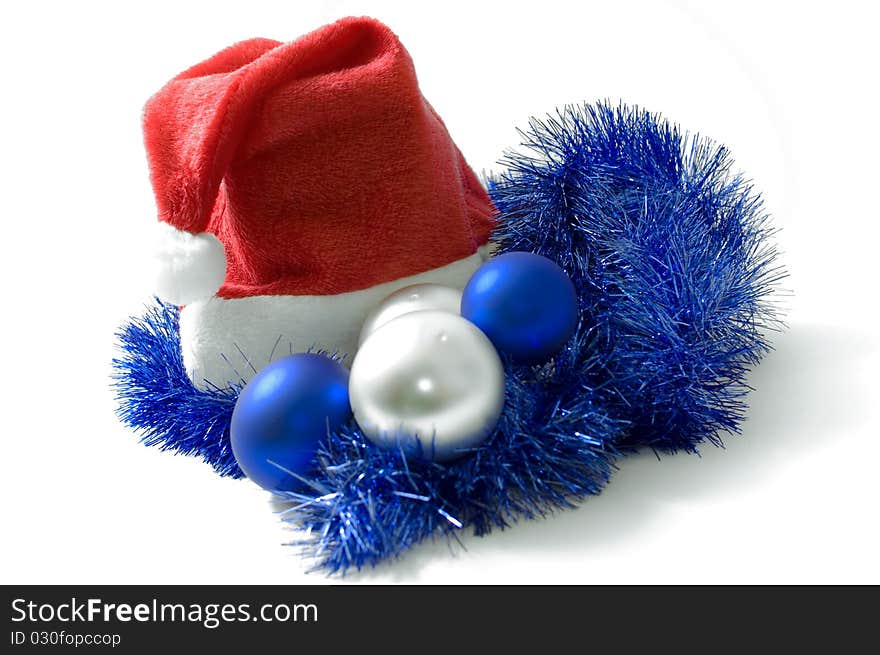 Santa hat, and crystal balls on white background. Santa hat, and crystal balls on white background