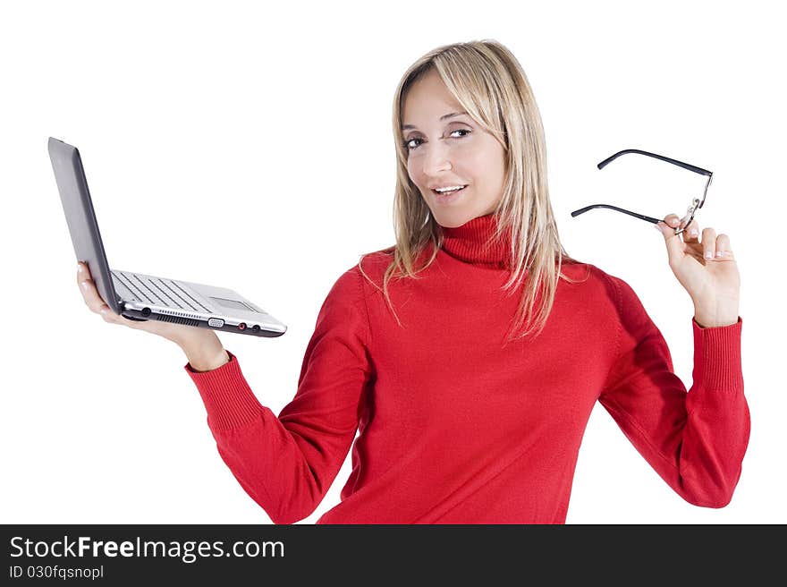 Happy working woman with her laptop and glasses