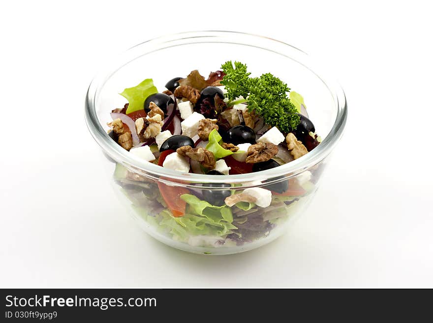 Vegetable salad with cheese on white background, isolate