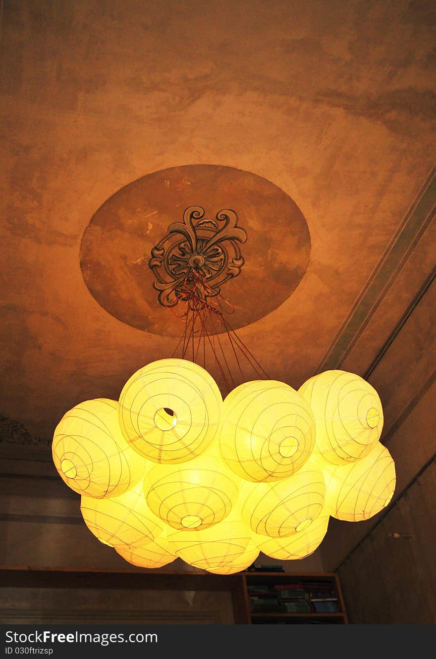 Paper chandelier in old building room