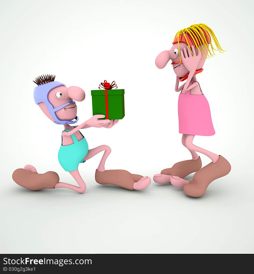 3d man giving gift to girl. 3d man giving gift to girl