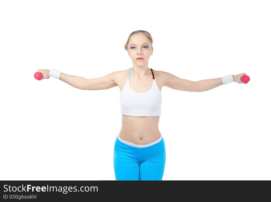 Women in fitness over white background with blond hair