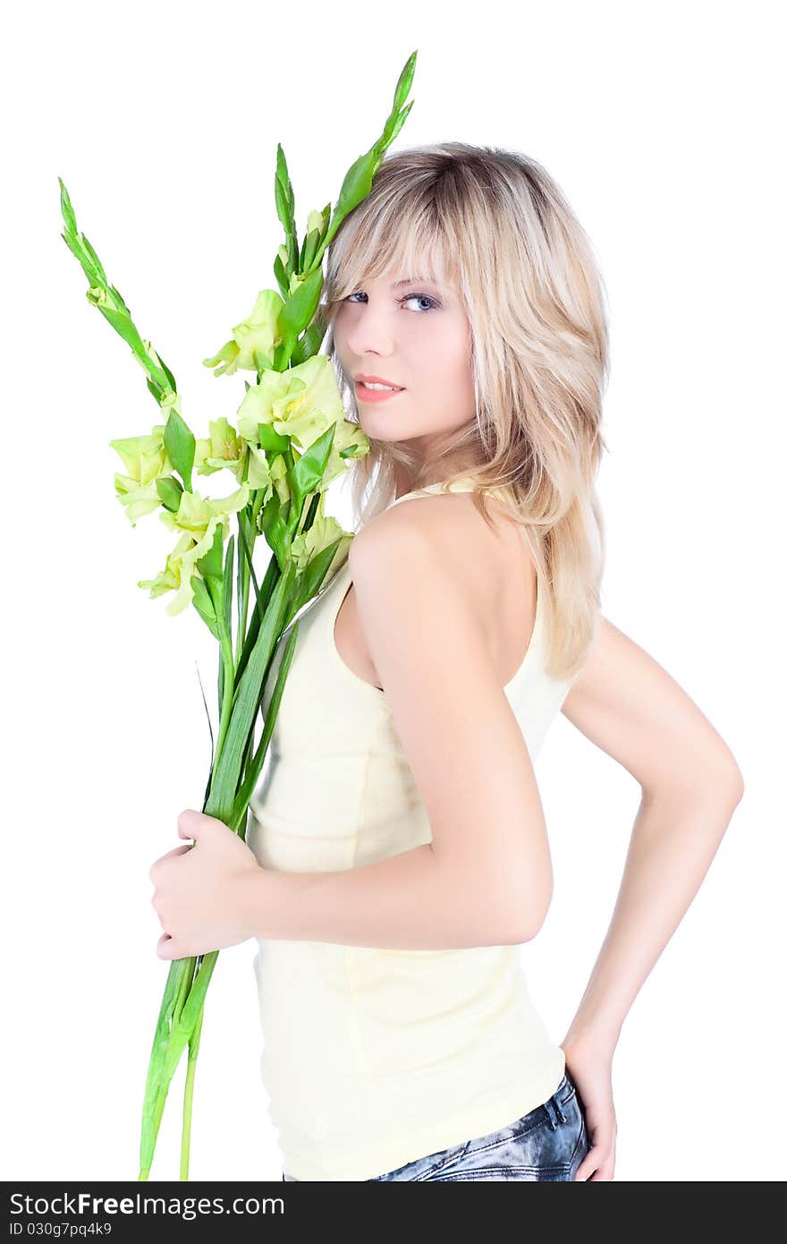 Beautiful woman with blond hair over white background