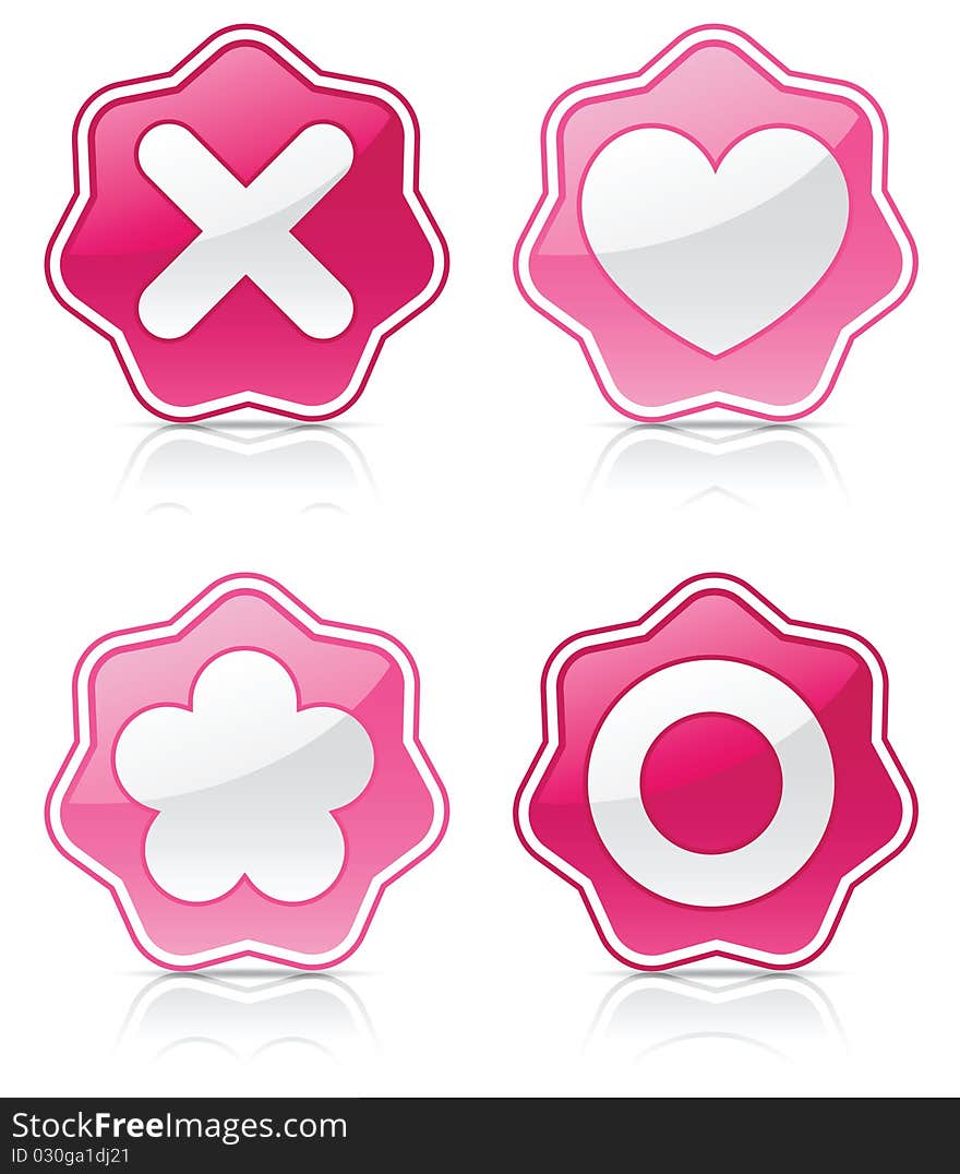 Symbols representing love placed on glossy, pink seals, reflected on white. Symbols representing love placed on glossy, pink seals, reflected on white