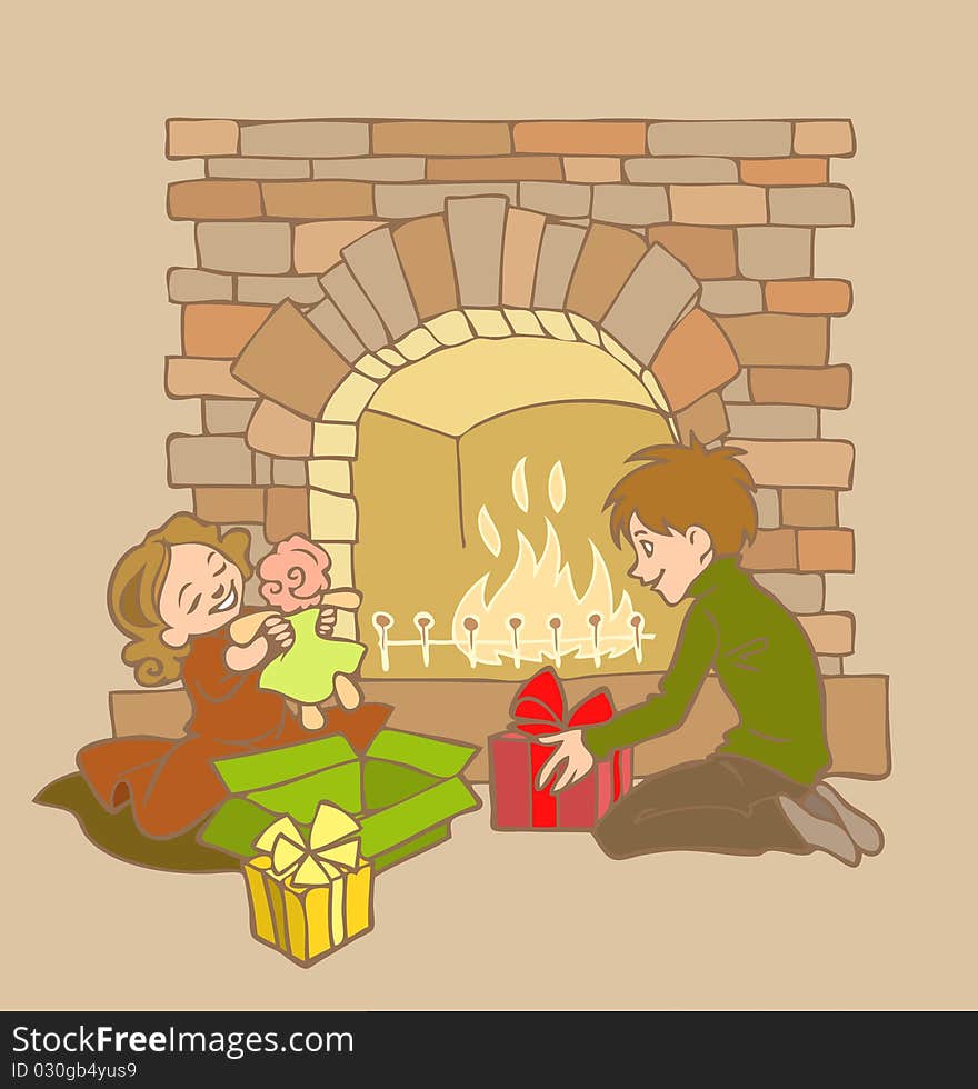 Illustration of childrern sitting by the fireplace and checking boxes with presents