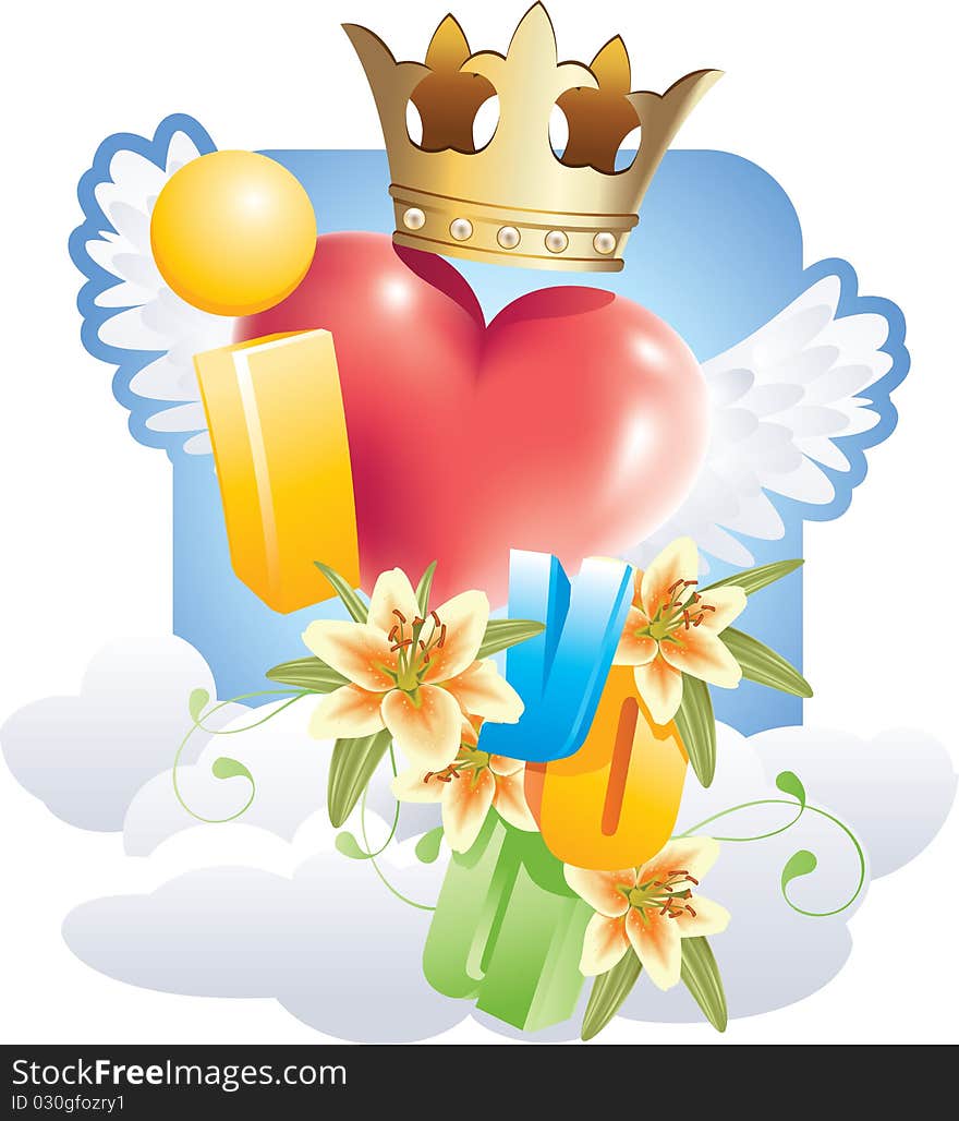 Vector illustration of the I love words with a red heart with wings and a crown. Vector illustration of the I love words with a red heart with wings and a crown