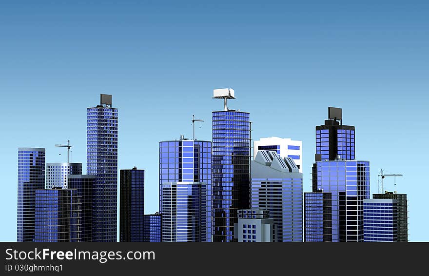 An illustration of a modern building city in bluish background. An illustration of a modern building city in bluish background