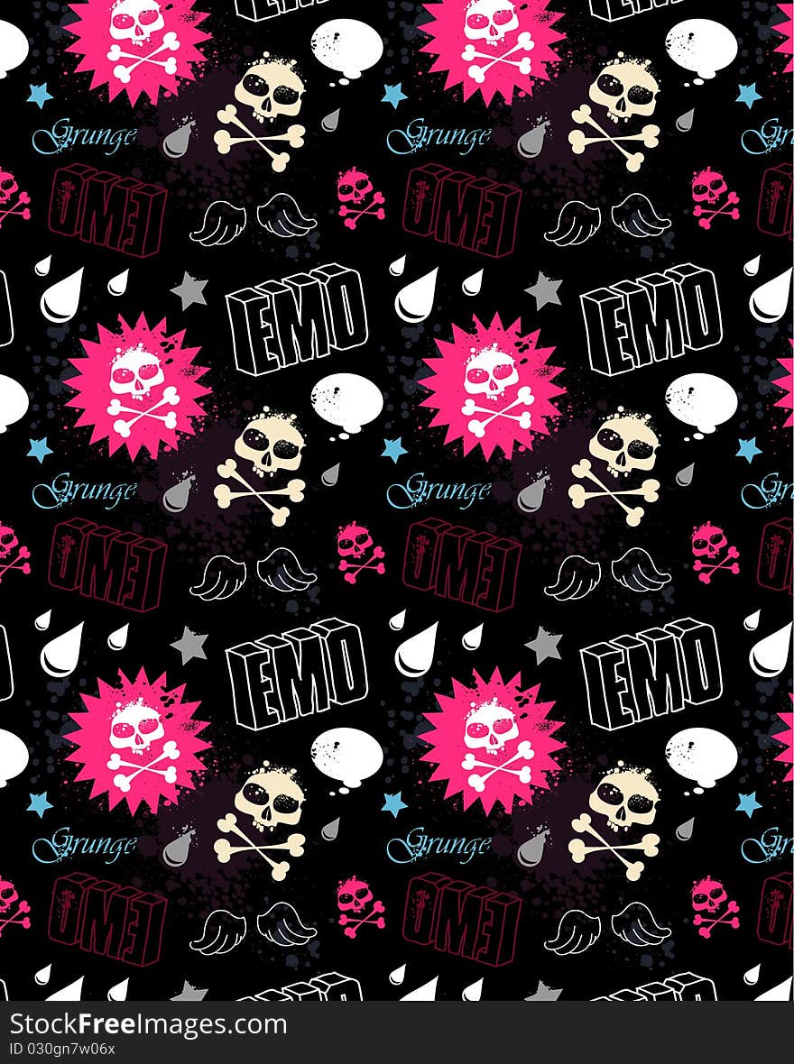 Modern seamless texture with skulls. Cool emo style. Vector EPS 10 illustration.