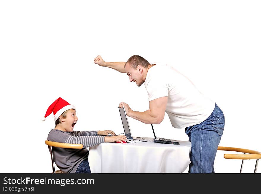 Man threaten child in santa hat because of lose game. gaming situation