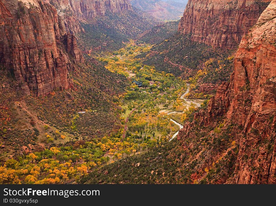 The inside of Zion Canyon National Park, seen from Angels Landing. The inside of Zion Canyon National Park, seen from Angels Landing.