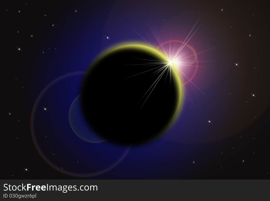 Bright star and planets in space