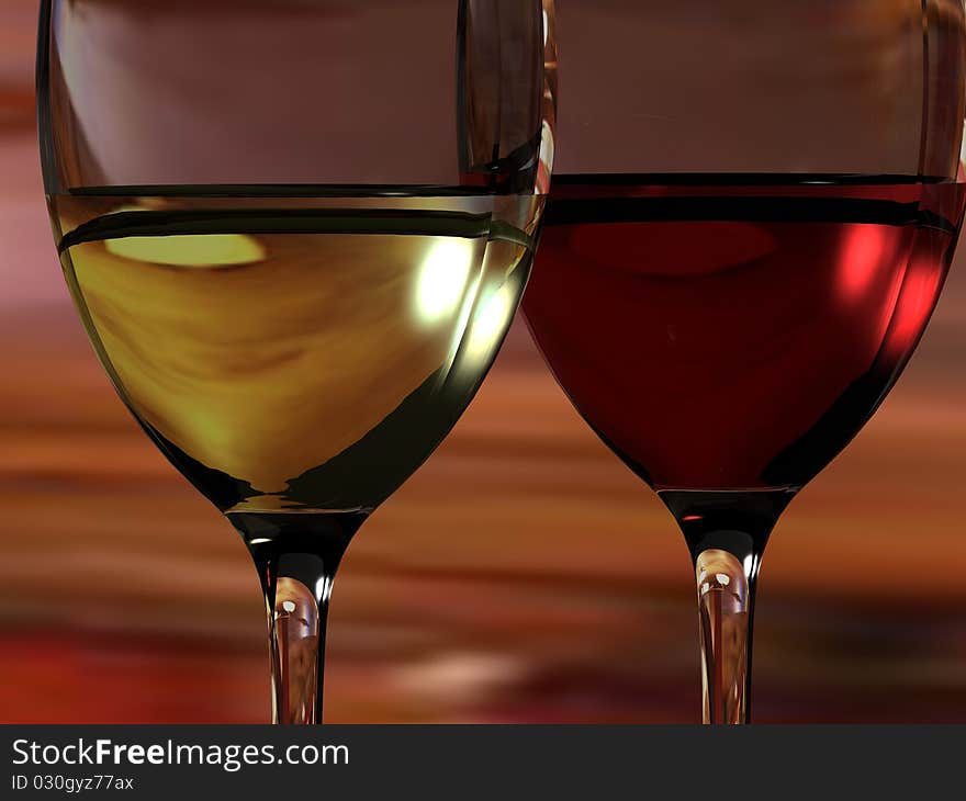 Two wine glasses in close up showing reflections. One red and one white wine