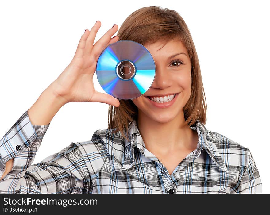 Portrait of a emotional beautiful teenage girl with disc. Isolated on white background.