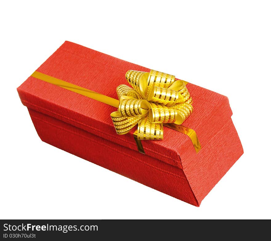 Red gift box with ribbon and bow on white background