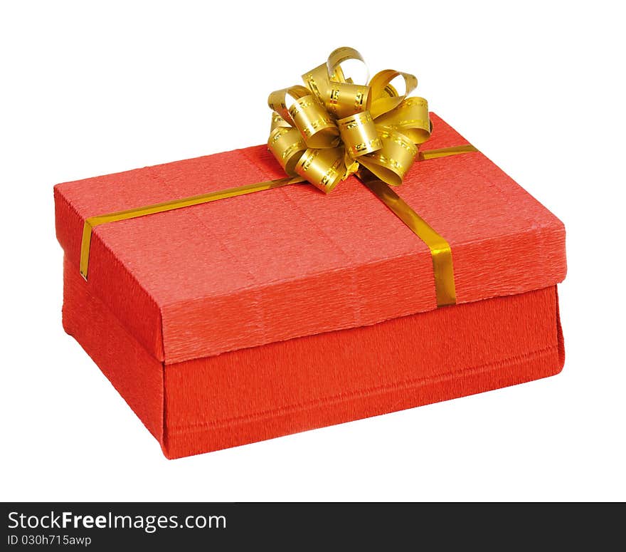 Red gift box with ribbon and bow on white background