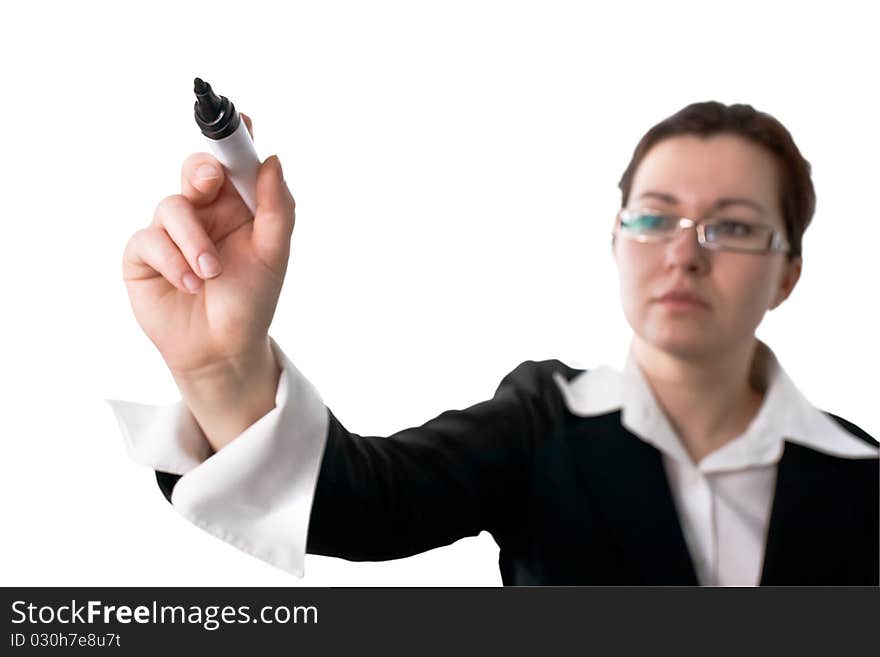 Business woman holding a pen. Isolated on white background. Business woman holding a pen. Isolated on white background