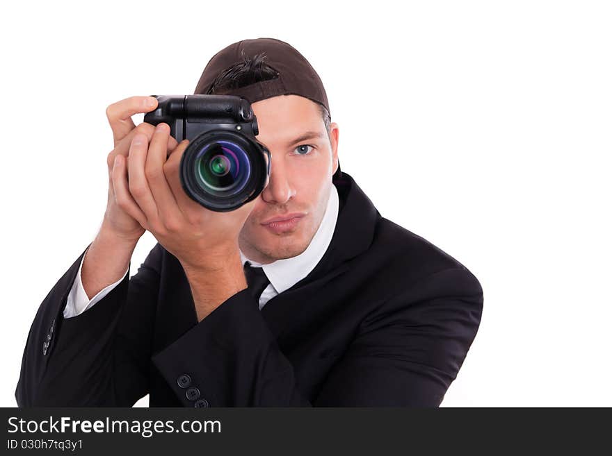 Paparazzi man taking picture with photo camera. Paparazzi man taking picture with photo camera