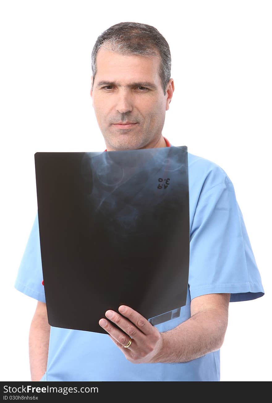 Doctor looking at a xray in a white background