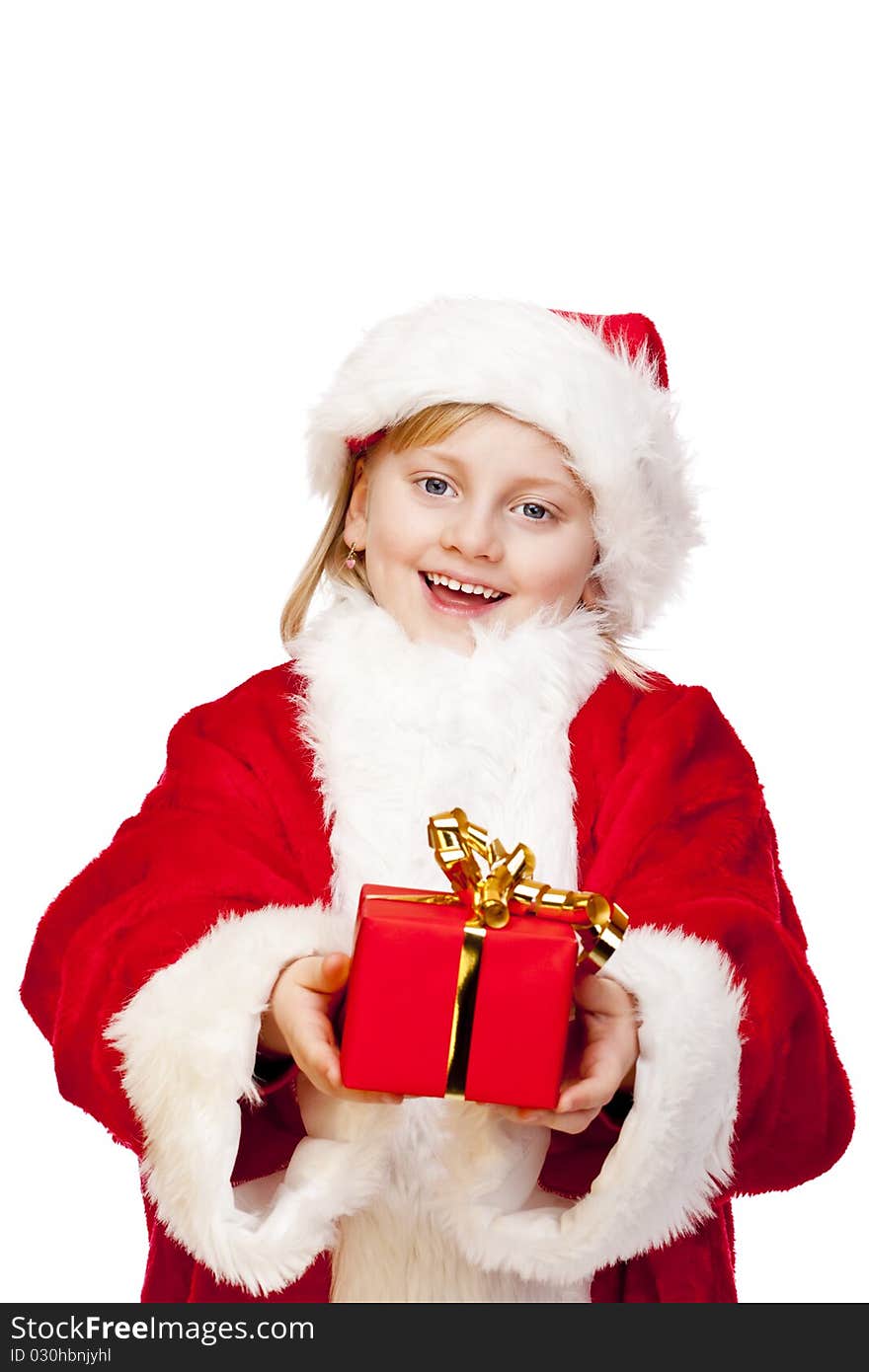 Young happy girl dressed as santa claus holds christmas gift in hands. Isolated on white background. Young happy girl dressed as santa claus holds christmas gift in hands. Isolated on white background.