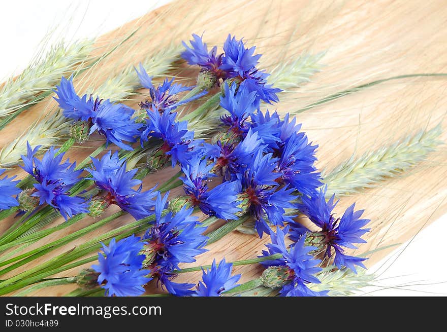 Bunch of cornflowers and green cereals on a wood board. Bunch of cornflowers and green cereals on a wood board