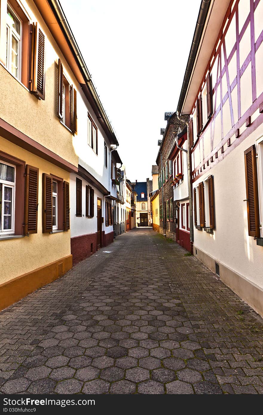 Medieval street with old half-timbered houses