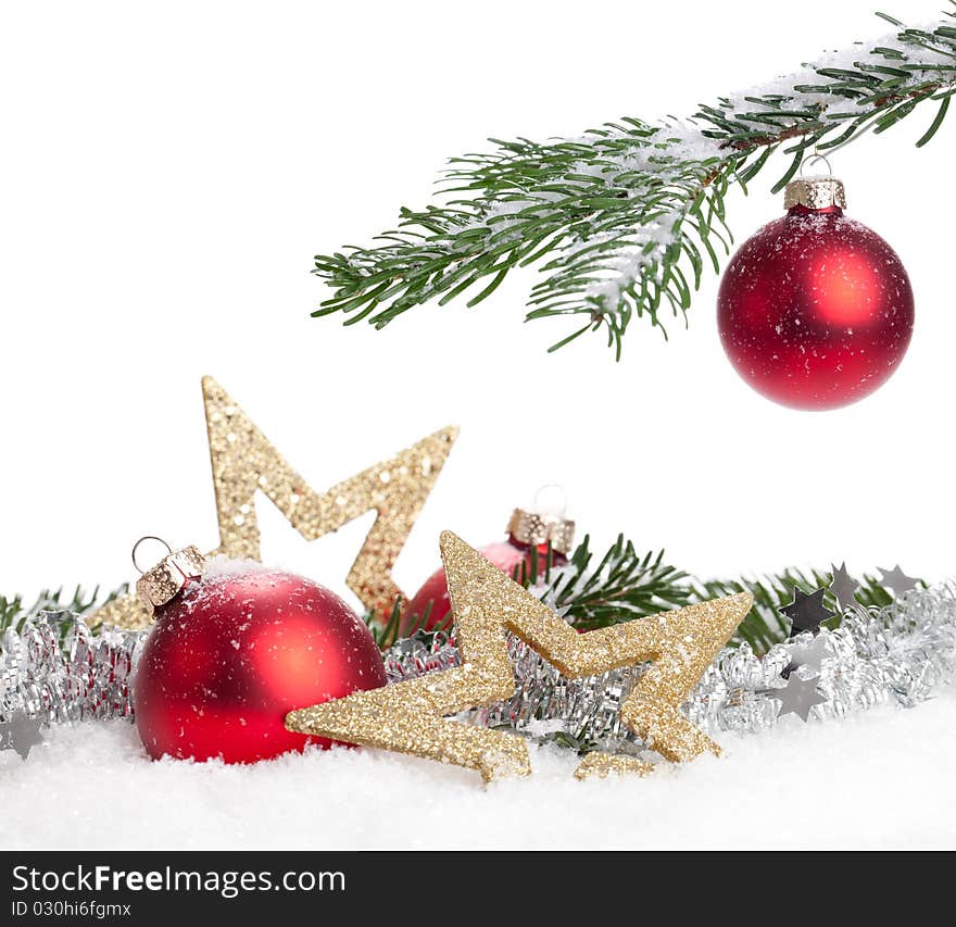 Christmas bauble, stars and snow isolated on a white background. Christmas bauble, stars and snow isolated on a white background