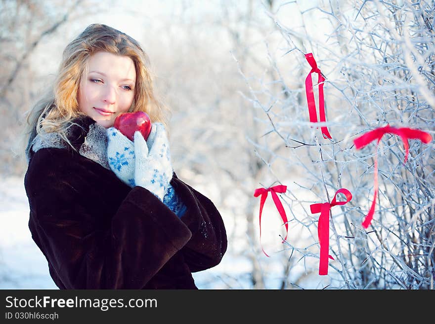 Winter Girl Behind Snow Tree