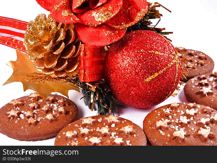 Christmas decoration and biscuits on white background. Christmas decoration and biscuits on white background