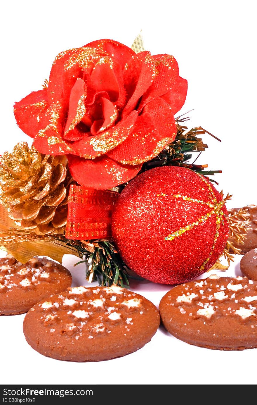 Christmas decoration and biscuits on withe background