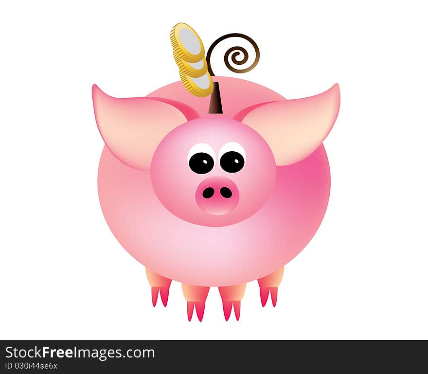 Piggy bank with coins on a white background.