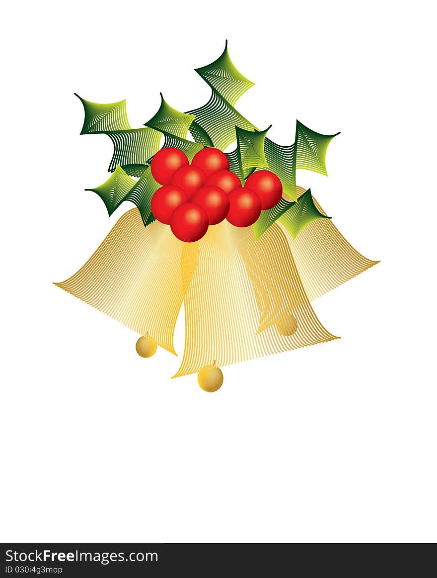 Golden Christmas bells decorated with holly and holly berries and a delicate floating vertical line pattern.