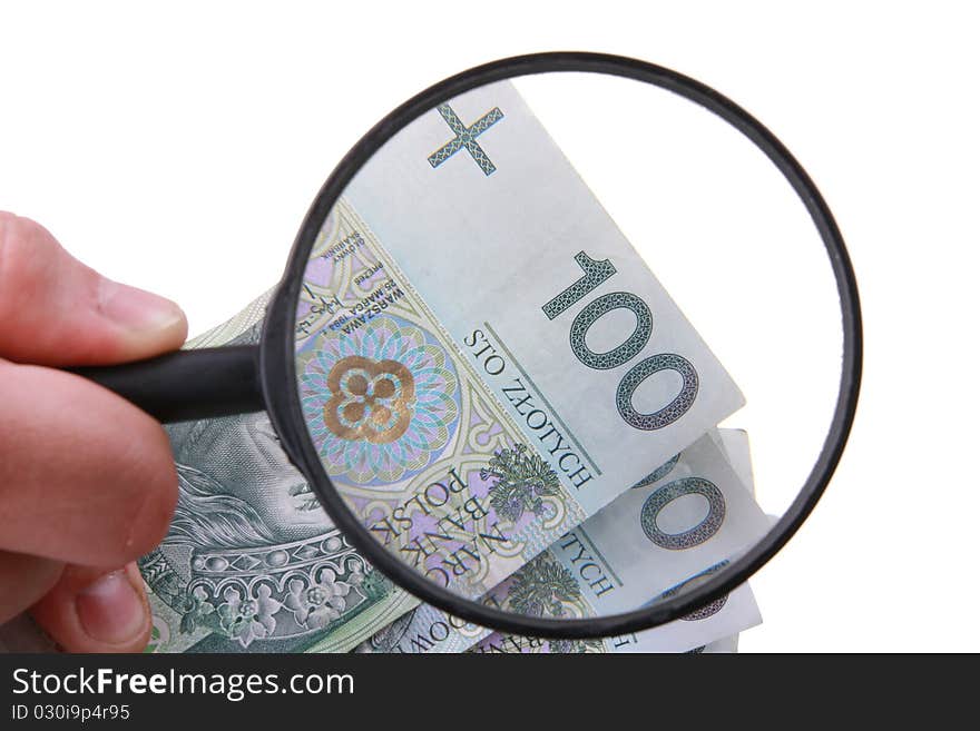 Polish banknotes, viewing by the magnifying glass. Polish banknotes, viewing by the magnifying glass.