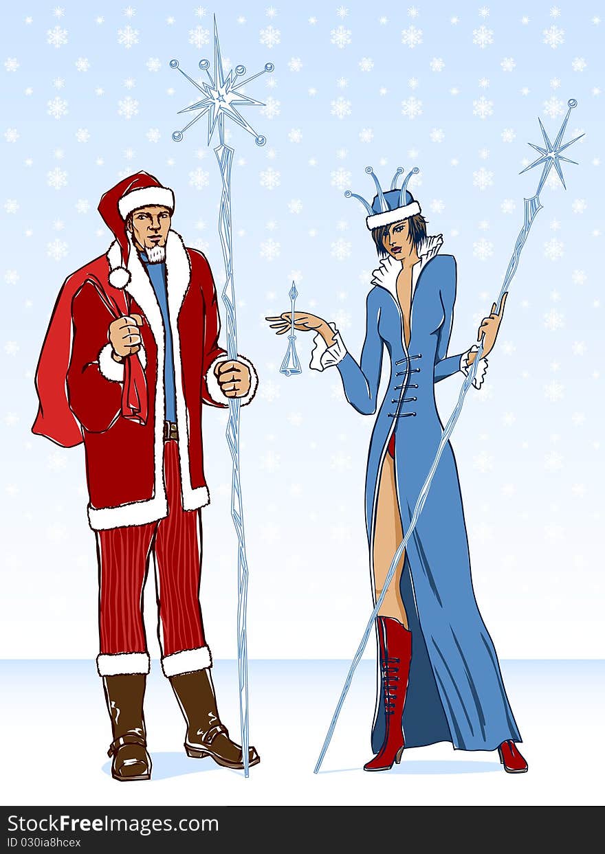 Merry Christmas and Happy New Year theme. Man and woman are dressed like Santa Claus. Vector illustration with separate layers for the colors and contours. Merry Christmas and Happy New Year theme. Man and woman are dressed like Santa Claus. Vector illustration with separate layers for the colors and contours.