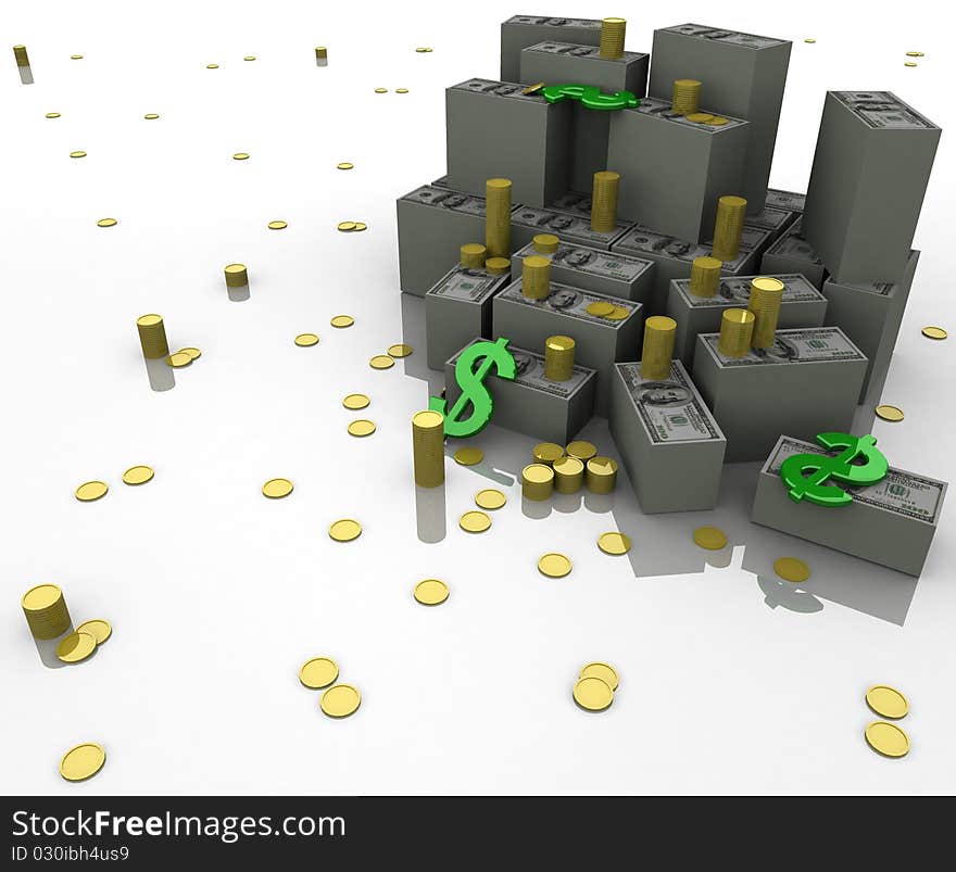 Gold, a lot of money, the dollar icons, white background, 3d rendering,