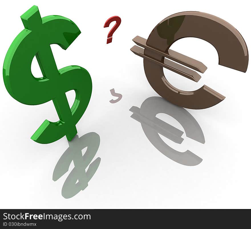 3D model, an icon dollar, the euro, the question mark on a white background. 3D model, an icon dollar, the euro, the question mark on a white background