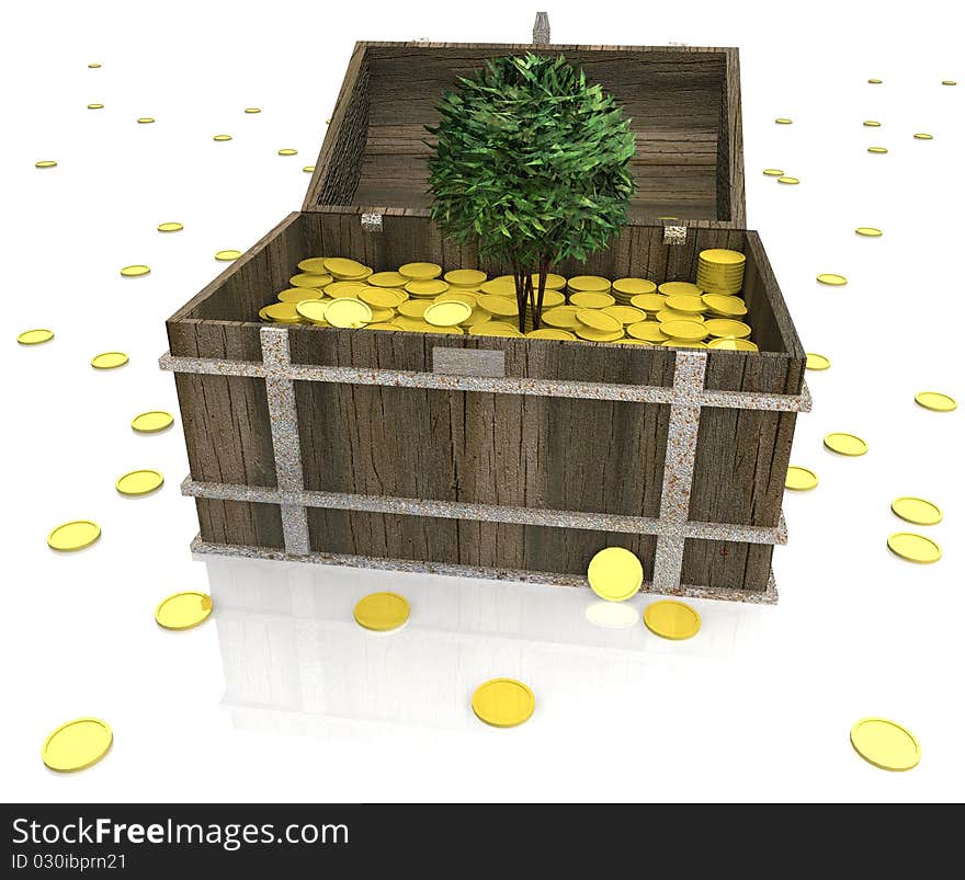 Model of a chest full of gold coins, from which grows a tree on a white background. Model of a chest full of gold coins, from which grows a tree on a white background