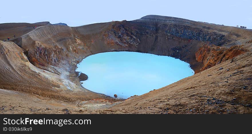 Panoramic view old inactive volcanic crater filled with turquoise colour lake. Panoramic view old inactive volcanic crater filled with turquoise colour lake